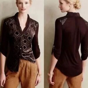 Anthropologie by Tiny chocolate brown button down silk blend M